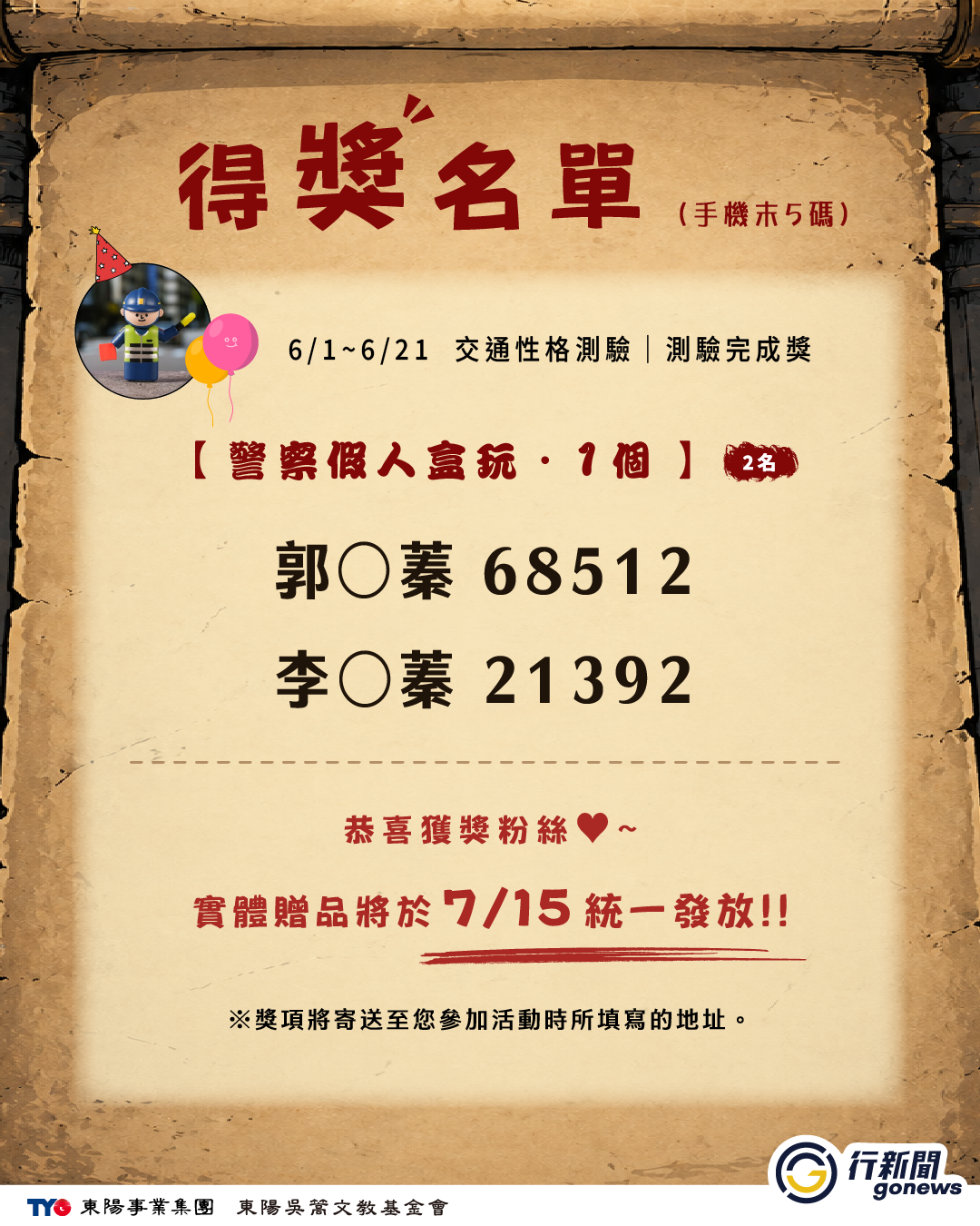 2026 GoNews 交通性格測驗– 得獎名單 jingchajiaren go
