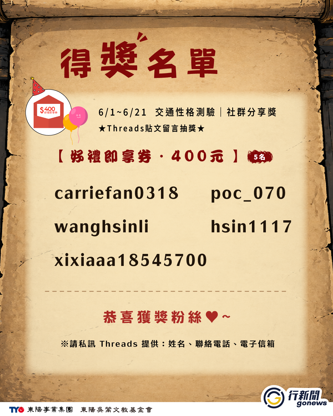 2026 GoNews 交通性格測驗– 得獎名單 shequnth 400 go